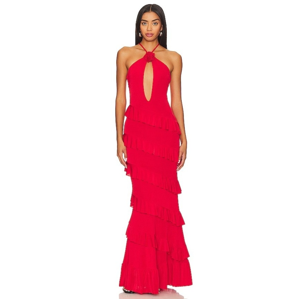 NBD Bray Maxi Dress Red Rosette Halter Tiered Ruffle Formal Gown Size Small